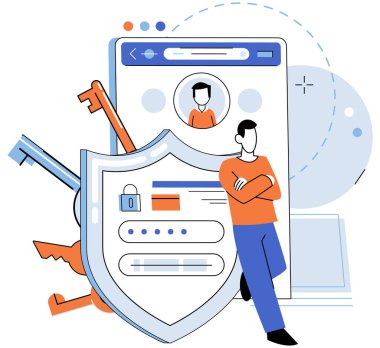 Kullanıcı yetkisi. Vektör çizimi. Kullanıcı mahremiyeti koruma tedbirlerinin kullanıcı veri güvenliği tedbirlerinin korunması için kişisel bilgilerin gizli tutulması gerekmektedir