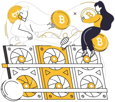Bitcoin madencilik vektör çizimi. Bitcoin madencilik kavramı, vizyon, dijital madenciliğin ekonomik manzarayı yeniden şekillendirdiği geleceği öngörüyor. Gelişim, seyahat, Bitcoin madenciliği katkıda bulundukça gelişiyor.