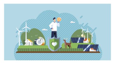 Yeşil teknoloji konsepti. Rüzgar türbinleri, güneş panelleri, ağaçlar ve sürdürülebilir yaşamı gösteren bir insan. Yenilenebilir enerji, çevresel koruma, çevre dostu yaşam ve sürdürülebilir yaşam için ideal