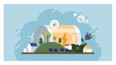 Yeşil teknoloji konsepti. Geniş bina, rüzgar türbinleri, güneş panelleri, ağaçlar ve evler yenilenebilir enerji kaynaklarını ve sürdürülebilirliği sembolize ediyor. Yenilenebilir enerji, çevre dostu yaşam ve temiz yaşam için ideal.