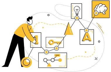 Düşünce deney vektörü çizimi. Düşünce deneyi kavramı, gemi entelektüel keşiflerinde yol gösteren bir yıldızdır. Analiz ve tefekkür, yenilikçi kararlar doğmasına yol açar.