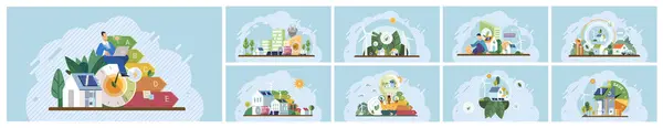 stock vector Green technology concept. A set of digital images highlighting elements like solar panels, recycling, smart homes, electric vehicles, and sustainable agriculture. Ideal for environmental