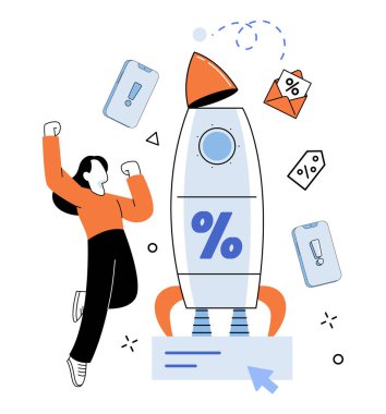 Ürün tanıtım vektör illüstrasyonu. İş, ekosistem, büyüme ve genişleme ürünlerini stratejik tanıtım yoluyla büyütür. Sunum, cazibe, müşterileri büyüleyici bir dünyaya çeker.