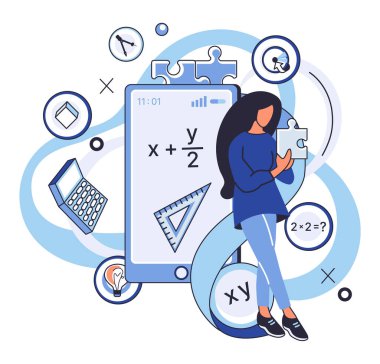 Matematik vektör illüstrasyonu. Matematiksel denklemler, geniş bir duvar halısı öğreniminde kumaş anlamayı ören iplikler gibidir. Matematikte sanat hesaplamaları dans zekâsıdır, zihinlerin vals yaptığı yerdir.