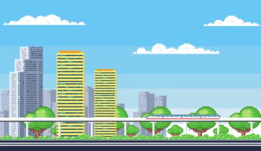 Cityscape. Pixel art. Tall skyscrapers, greenery, elevated train track dominate scene under blue sky with clouds. Ideal for urban development, transportation, architecture, green spaces, and modern clipart