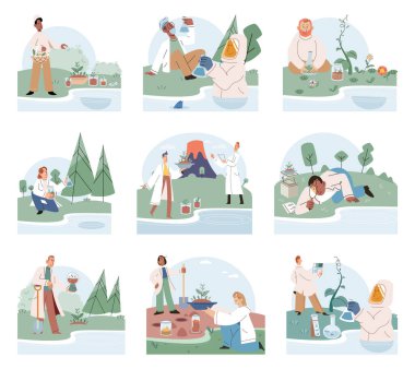 Bilimsel deney. Vektör çizimi. Araştırma, saha bilimi alanındaki sistematik araştırma ve araştırmadır. Bilim, her biri kendine has alanlarıyla geniş yelpazeli disiplinleri kapsar.