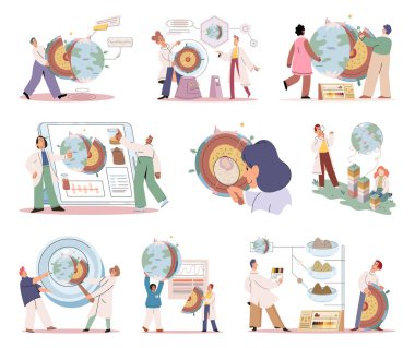 Bilimsel deney. Vektör çizimi. Laboratuarlarda yürütülen bilimsel deneyler, çeşitli alanlardaki gelişmelere katkıda bulunur.