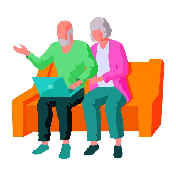 stock vector Old people sit together on an orange sofa while using a laptop. Ideal for themes of elderly, technology, togetherness, education, and connectivity. Illustrated in a colorful, modern style