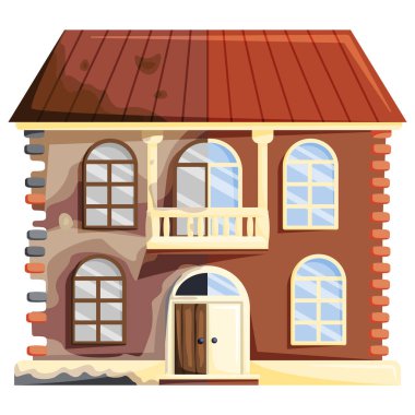 Tadilattan önce ve sonra ev tadilatı. Yeni ve eski banliyö tuğla kulübesi kiremit çatılı. İnşaatı kaldırın. Eski yıkık dökük ev şirin geleneksel banliyö binasına dönüştürülmüş.