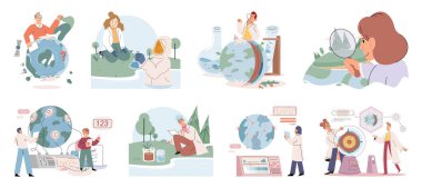 Bilimsel araştırma. Vektör çizimi. Bilimsel deneyler belirli hipotezleri test etmeyi ve bilimsel araştırmalar sırasında yapılan deneysel kanıtlar toplamayı amaçlamaktadır.