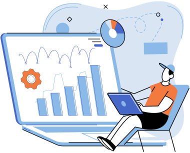 Etrafı iş simgeleriyle çevrili bir dizüstü bilgisayar kullanan, dijital teknolojiyle çalışan, uzaktan kumandalı bir ofis. Bilgi arayan bir iş adamı ya da serbest çalışan. Teknik analiz araştırma konsepti