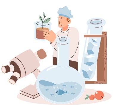 Bilimsel araştırma. Vektör çizimi. Araştırmanın yürütülmesi, belirli fenomenleri araştırmak için anlamlı içgörüler elde etmek için örnekler toplamayı ve analiz etmeyi içerir.