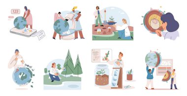 Bilimsel araştırma. Vektör çizimi. Bilimsel araştırmalar sırasında yapılan testler analiz ve yorumlama için kritik veriler sunar. Alan bilimi çeşitli disiplin ve dalları kapsar.