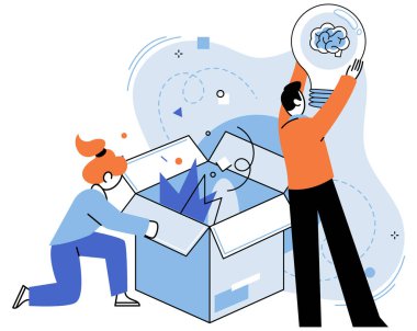 Düşünce süreci vektör illüstrasyonu. Yaratıcı düşünce, yenilikçi problem çözme, köprü kurma fikirlerine yol açar. Zihin, stratejik etkin yönetim ile kafa karıştırıcı fikirlerde yol alır.