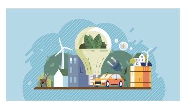 Enerji verimliliği. Yapraklı, rüzgar türbinli, binalı, elektrikli arabalı ve güneş panelli bir ampul yenilenebilir enerji ve sürdürülebilir yaşamı ön plana çıkarıyor. Kentsel planlama ve yenilenebilir enerji için ideal