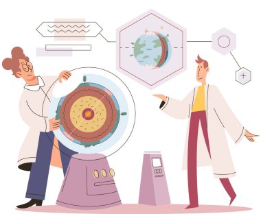 Bilim adamı kadın. Vektör çizimi. Biyokimyagerler canlı organizmalar içindeki kimyasal süreçleri araştırıyorlar. Genetik araştırmalar kalıtım ve işleyen genler hakkında bilgi sunuyor. Tıp gelişmeye devam ediyor.