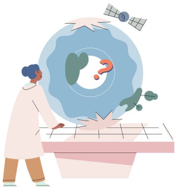 Bilim adamı kadın. Vektör çizimi. Laboratuvar, bilim adamlarının deneyler yapması ve buluşlar yapması için merkez görevi görüyor. Bilim kadını metaforu, kadınların dayanıklılığını ve gücünü temsil ediyor.