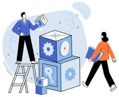 Takım oluşturma vektör çizimi. Takım üyeleri arasındaki işbirliğini ve iletişimi geliştiren takım oluşturma egzersizi, iş başarısı etkili takım çalışmasına ve hedef odaklı stratejilere dayanıyordu.