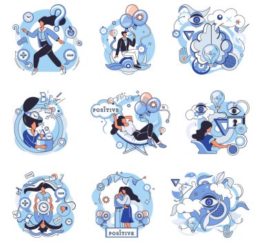 Cognition. Illustrated scenes around questions, meditations, and positive thinking. Ideal for concepts of problem-solving, relaxation, mental health, positivity, and imagination. Style cartoon