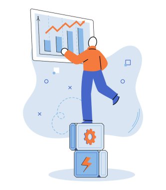 Dayanıklılık. Bir insan, büyüme ve başarıyı gösteren bir grafiğe ulaşmak için teknoloji ve enerji sembolleriyle etiketlenmiş bloklara tırmanıyor. İş için ideal, yenilik, kararlılık, ilerleme