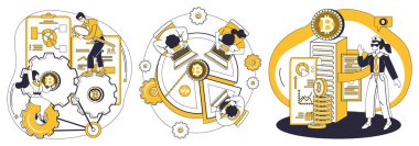 Kripto para birimi konsepti. İş adamları, engelleme sembolleri ve Bitcoin ile birbirine bağlı dişli sistemleriyle etkileşim halindeler. Engelleme zinciri, fintech, dijital para birimi ve iş stratejisi için ideal