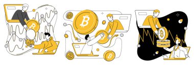 Kripto para birimi konsepti. İnsanlar dizüstü bilgisayarlarla ve Bitcoin sembolleriyle etkileşime giriyor. Teknoloji, finans, engelleme zinciri, dijital işlemler ve kripto para birimi eğitim temaları için idealdir. Çağdaş