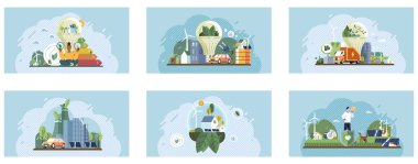 Environmental care concept. Various scenes with eco-friendly elements, renewable energy, and sustainable practices in cities and natural environments. Ideal for educational, awareness campaigns clipart