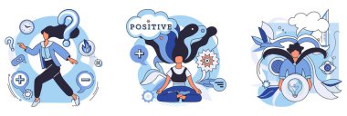 Cognition. Main artwork with person with question mark, meditation, person with light bulb. Ideal for mental health, personal growth, positivity, mindfulness, innovation themes. The artwork clipart