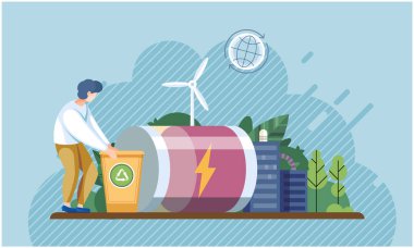 Adam geri dönüşüm kutusunu yıldırım sembolü, rüzgar türbini ve arka planda şehir manzarası olan ağaçların olduğu büyük bir akünün yanına koyar. Yenilenebilir enerji, sürdürülebilirlik, çevre dostu olmak için ideal.