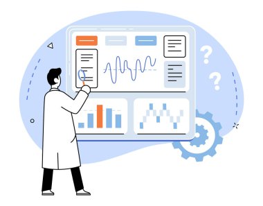 Yarışmacılar vektör illüstrasyonunu analiz ediyor. Rekabetçi veri ticaretinin, arenanın ve tanıkların birbiriyle çatışan stratejilerinin eksiksiz anlaşılmasına dayanan istatistik, pusula, kılavuz ders eylemi