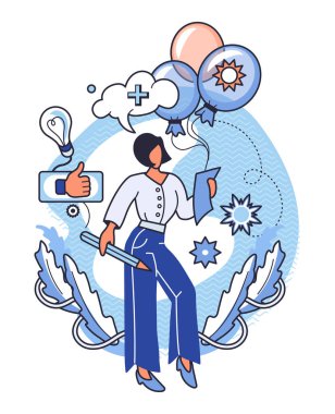 Positive thinking. Woman in business attire holding a notebook and pencil surrounded by balloons, gears, light bulbs, and thumbs-up icons in blue tones. Ideal for mindset, creativity, productivity clipart