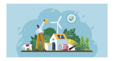 ESG konsepti. Sürdürülebilir bir proje üzerinde çalışan kişi, rüzgar türbini, güneş paneli ve çevre dostu elementler. Yenilenebilir enerji, çevre koruma, yeşil teknoloji, sürdürülebilir konular için ideal