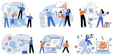 Şirket kimlik vektör çizimi. Kurumsal kimlik metaforu, hikaye kitabı, görsel öykü anlatım şirketlerin anlatım işleri, aşılamalar, şirketlerin özleri, kalıplar