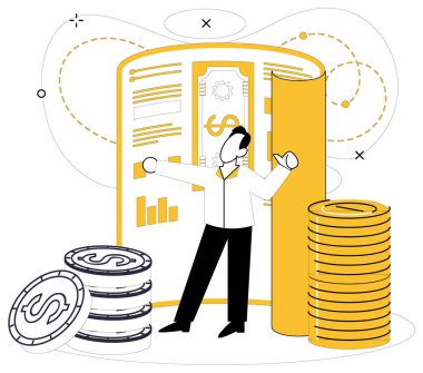 Para yönetimi vektör çizimi. Finansal raporların analiz edilmesi, senfoni finansmanında başarılı para yönetimi ve para yönetiminin önemli müzikal rollerini çözmeye benzer.