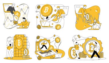 Bitcoin madencilik vektör çizimi. Bitcoin madenciliği, gerçek değerleri sanal alemden somut dünya kripto para birimi madenciliğine, keşiflere çıkarırken, ekonomik alanlarda yeni haritalar çıkarır.