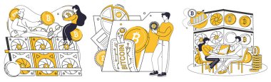 Bitcoin mining vector illustration. Coin, emblem, becomes symbol value and innovation in realm cryptocurrency Finance, conductor, orchestrates symphony where Bitcoin plays key role in digital economy clipart