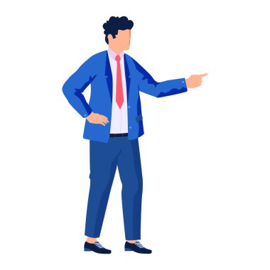 İşadamı ayakta dikiliyor ve başka tarafa bakıyor. Takım elbiseli adam elle işaret ediyor. Ofis çalışanı, girişimci, yönetici beyazlar içinde izole edilmiş. İş patronu sakin bir şekilde el kol hareketleriyle durur.