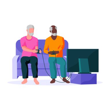 Playstation 'da video oyunu oynayan yaşlı adamlar. Kıdemli insanlar kontrolörler, oyun platformları ve konsollarla oynuyorlar. Modern aletli yaşlı erkek karakterler. Elektronik cihaz ve teknoloji kullanarak emekli arkadaşlar