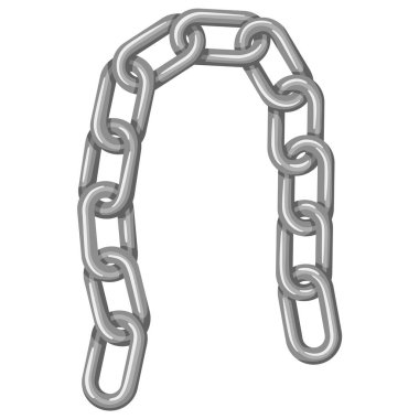 Birbirine bağlı gümüş metal halkalarla bağlantılı demir zincir kavramı U şeklinde dizilmiş, bağlantıyı, birliği, gücü ve güvenilirliği sembolize ediyor. Güvenlik, koruma ve esneklik temaları için ideal