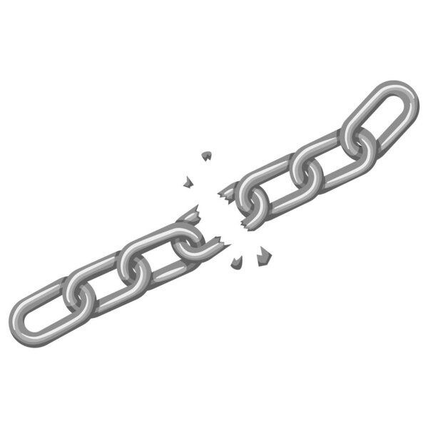 Iron chain concept with a fracture in the middle, emphasizing broken links. Ideal for themes like vulnerability, failure, freedom, structural integrity, and liberation. Realistic, simple, detailed