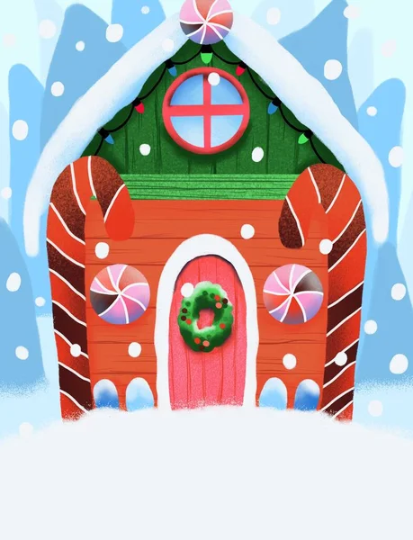 Christmas gingerbread house, candy house. Winter Cookie with decorative sweet icing candy. Procreate.