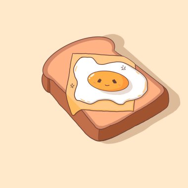 Kawaii çizgi filminde kızarmış ekmek, peynir ve yumurta. Kahvaltı vakti geldi. Karalama tarzında elle çizilmiş bir resim. Güzel yemek..