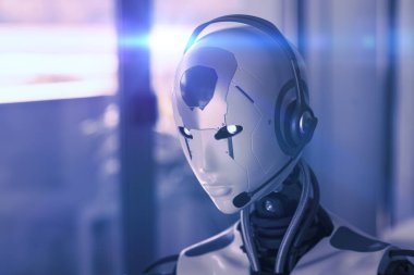 Android AI robotu kulaklık takıyor ve ofiste çalışıyor: yapay zeka, iş ve otomasyon konsepti