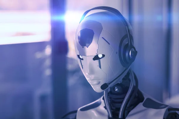 ヘッドセットを着用し オフィスで働くAndroid Aiロボット 人工知能 ビジネスと自動化の概念 — ストック写真