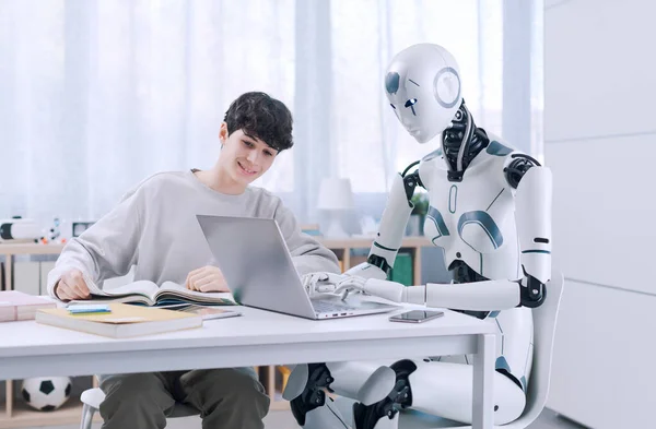 Pojke Studerar Med Hjälp Robot Resultatet Fruktbart Begreppet Robot Och — Stockfoto