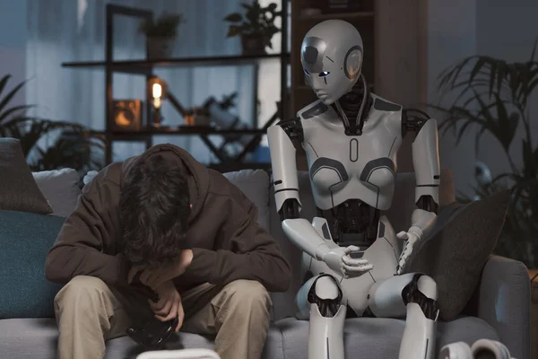 Triste Chico Perdiendo Videojuego Está Jugando Con Robot Androide — Foto de Stock