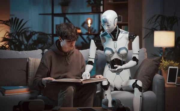 Robot Tutor Helping Student Homework Sitting Couch Home Reading Book — Stock Photo, Image