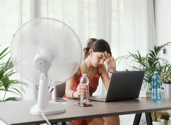 Woman Sitting Desk Home Summer Heat Wave She Cooling Herself — Stock Photo, Image