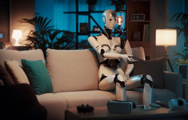İnsansı kadın yapay zeka robotu evde kanepede oturuyor ve televizyon izliyor. Uzaktan kumandayı elinde tutuyor.
