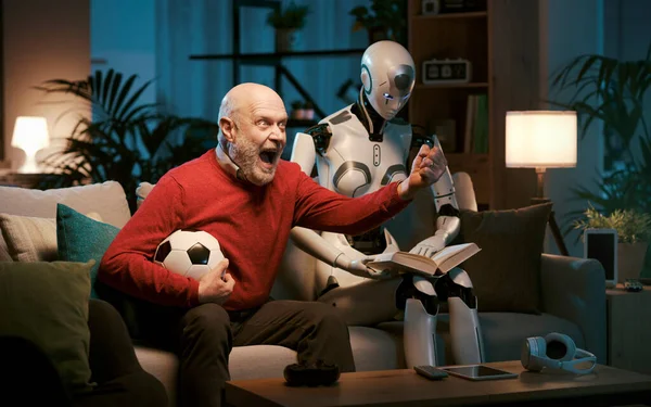 Homem Robô Humanoide Passam Tempo Juntos Casa Eles Têm Diferentes — Fotografia de Stock